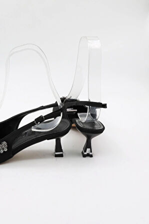 Park Moda Kadın Arkası Açık Kelebek Aksesuarlı Topuklu  Ayakkabı PM559 Siyah Nubuk