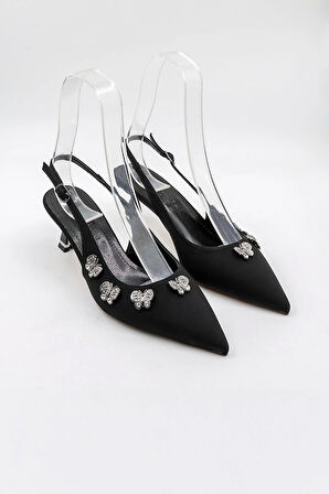 Park Moda Kadın Arkası Açık Kelebek Aksesuarlı Topuklu  Ayakkabı PM559 Siyah Nubuk