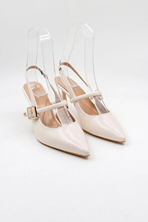 Park Moda Arkası Açık Taşlı Kısa Topuklu Kemerli Kadın Ayakkabı PM439 Ten Cilt