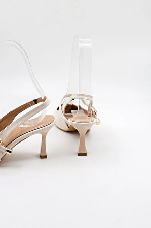 Park Moda Arkası Açık Taşlı Kısa Topuklu Kemerli Kadın Ayakkabı PM439 Ten Cilt