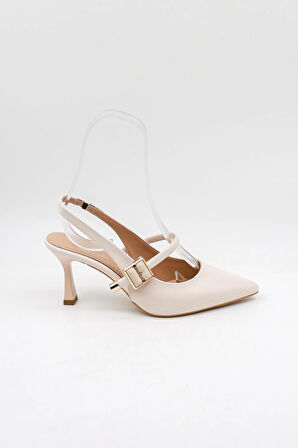 Park Moda Arkası Açık Taşlı Kısa Topuklu Kemerli Kadın Ayakkabı PM439 Ten Cilt