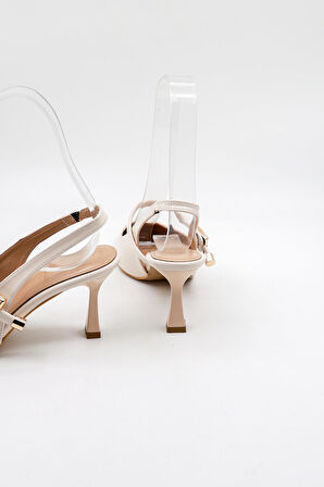 Park Moda Arkası Açık Taşlı Kısa Topuklu Kemerli Kadın Ayakkabı PM439 Ten Cilt