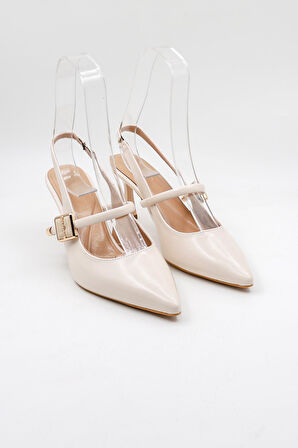 Park Moda Arkası Açık Taşlı Kısa Topuklu Kemerli Kadın Ayakkabı PM439 Ten Cilt