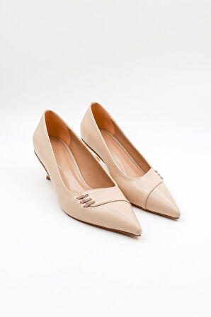 Park Moda Kısa Topuklu Şık Kadın Ayakkabı PM207 Bej Cilt