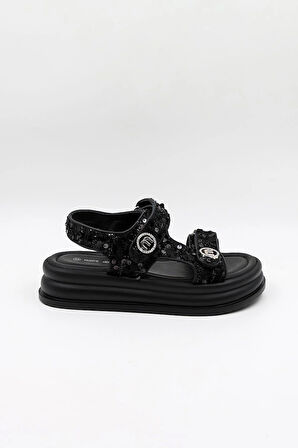 Kriste Bell İthal Kadın Taşlı Pullu Sandalet KB0100 Siyah