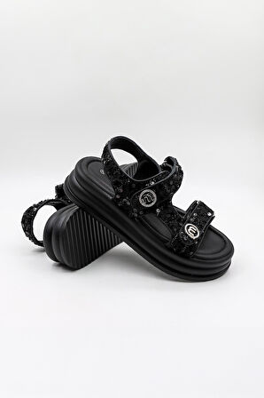 Kriste Bell İthal Kadın Taşlı Pullu Sandalet KB0100 Siyah