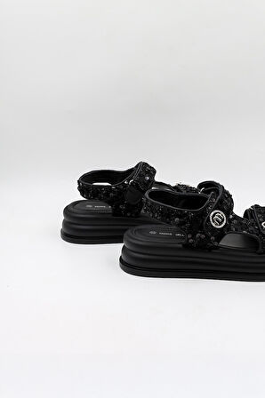 Kriste Bell İthal Kadın Taşlı Pullu Sandalet KB0100 Siyah