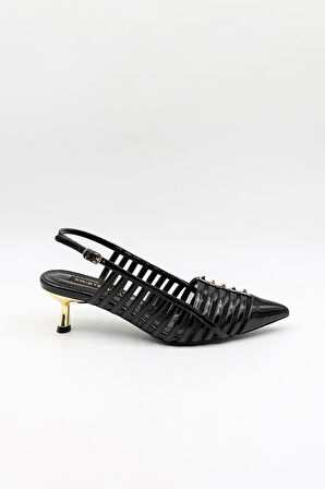 Kriste Bell Kısa Topuk Zımba Detay Stiletto KB5031 Siyah Rugan