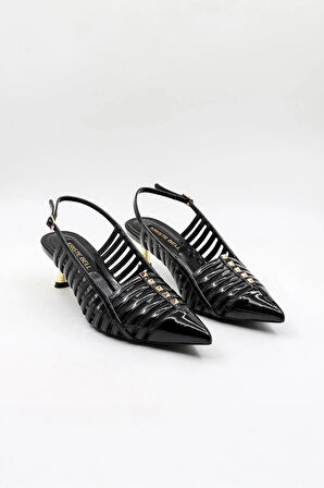 Kriste Bell Kısa Topuk Zımba Detay Stiletto KB5031 Siyah Rugan