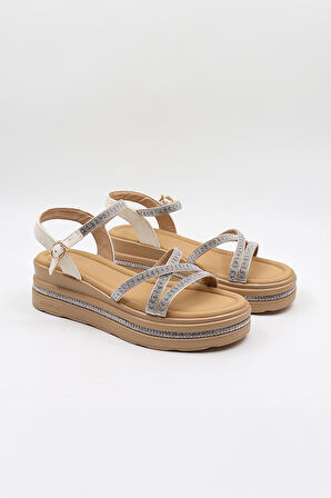 Kriste Bell İthal Kadın Taşlı Sandalet KB0095 Beyaz