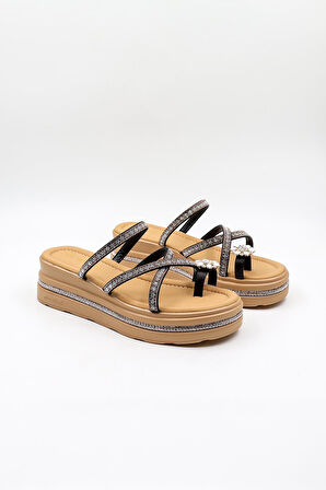 Kriste Bell İthal Kadın Taşlı Parmak Arası Terlik KB0064 Siyah