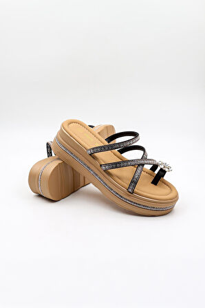 Kriste Bell İthal Kadın Taşlı Parmak Arası Terlik KB0064 Siyah