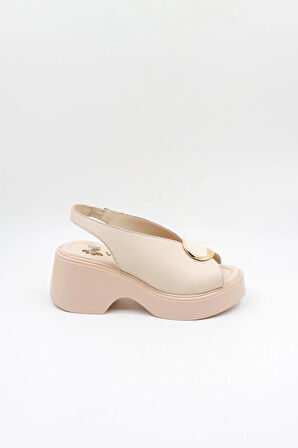 Venüs Kadın Hakiki Deri Günlük Topuklu Sandalet VN13114 Bej