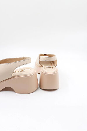 Venüs Kadın Hakiki Deri Günlük Topuklu Sandalet VN13114 Bej