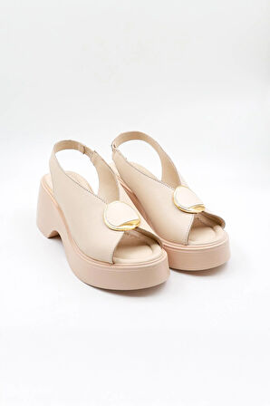 Venüs Kadın Hakiki Deri Günlük Topuklu Sandalet VN13114 Bej