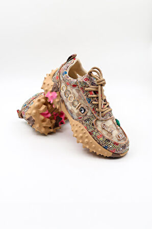 Guja İthal Taşlı İşlemeli Kadın Spor Ayakkabı GJ338 Bej