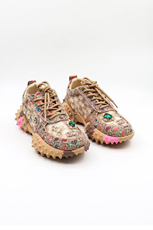 Guja İthal Taşlı İşlemeli Kadın Spor Ayakkabı GJ338 Bej