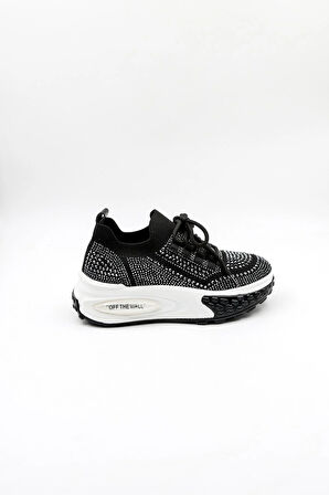 Kriste Bell Bağcıklı Triko Taşlı Yüksek Taban Kadın Spor Ayakkabı K25 0018 - Siyah