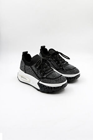 Kriste Bell Bağcıklı Triko Taşlı Yüksek Taban Kadın Spor Ayakkabı K25 0018 - Siyah