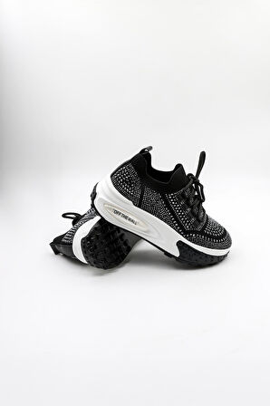 Kriste Bell Bağcıklı Triko Taşlı Yüksek Taban Kadın Spor Ayakkabı K25 0018 - Siyah