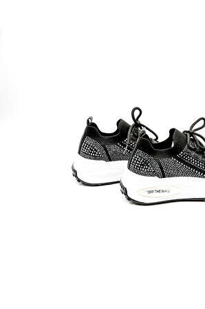 Kriste Bell Bağcıklı Triko Taşlı Yüksek Taban Kadın Spor Ayakkabı K25 0018 - Siyah