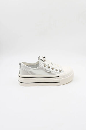 Kriste Bell Kurdele Bağcıklı Taş Detaylı Kadın Spor Ayakkabı K25 0524 - Beyaz