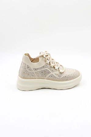 Kriste Bell Bağcıklı Taş Detaylı Yüksel Taban Triko Kadın Spor Ayakkabı K25 0075 - Bej