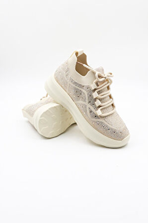 Kriste Bell Bağcıklı Taş Detaylı Yüksel Taban Triko Kadın Spor Ayakkabı K25 0075 - Bej