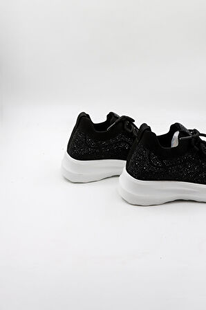 Kriste Bell Bağcıklı Taş Detaylı Yüksel Taban Triko Kadın Spor Ayakkabı K25 0075 - Siyah