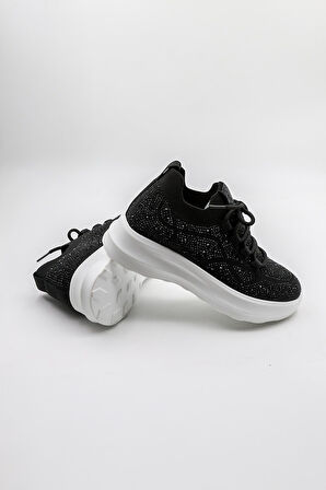 Kriste Bell Bağcıklı Taş Detaylı Yüksel Taban Triko Kadın Spor Ayakkabı K25 0075 - Siyah