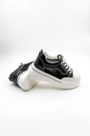 Kriste Bell Bağcıklı Taş Detaylı Yüksel Taban Kadın Spor Ayakkabı K25 0002 - Siyah