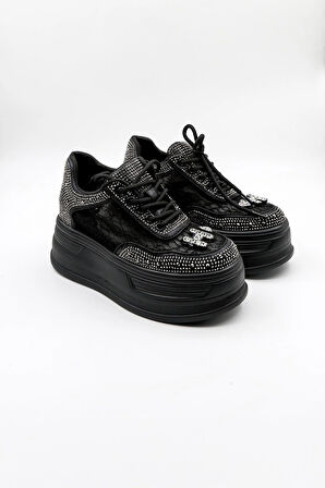 Kriste Bell Bağcıklı Taş Detaylı Yüksel Taban Kadın Spor Ayakkabı K25 0059 - Siyah