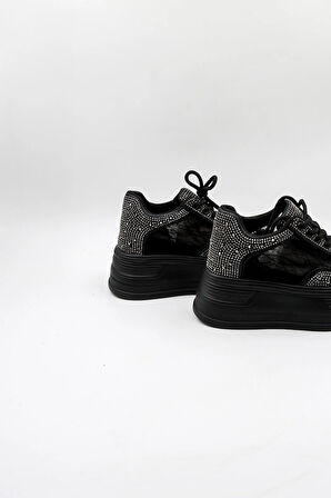 Kriste Bell Bağcıklı Taş Detaylı Yüksel Taban Kadın Spor Ayakkabı K25 0059 - Siyah