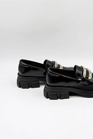 KristeBell İthal Özel Seri Kadın Loafer Model İnce Taban Ayakabbı KB1024 - Siyah Rugan - 36