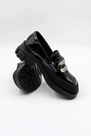 KristeBell İthal Özel Seri Kadın Loafer Model İnce Taban Ayakabbı KB1024 - Siyah Rugan - 36