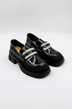 KristeBell İthal Özel Seri Kadın Loafer Model İnce Taban Ayakabbı KB1024 - Siyah Rugan - 36