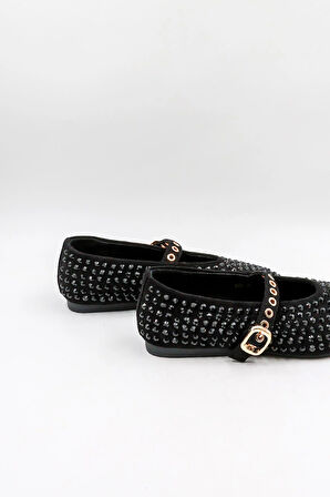 KristeBell İthal Özel Seri Kadın Taşlı Süet Deri Babet KB1020 - Siyah - 36