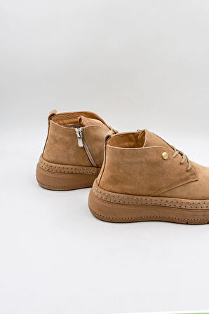 KristeBell İthal Özel Seri Naturel Deri Kadın Günlük Bot KB05255 - Suet Bej - 36