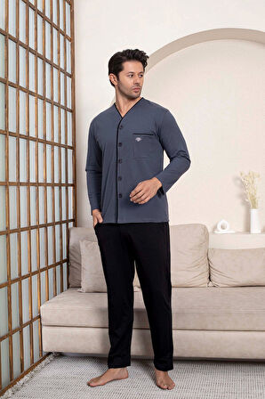 Erkek V Yaka Önden Düğmeli Göğüs Cepli %100 Pamuk Uzun Kol Cepli Pijama Takımı-Dede Hastane Pijaması