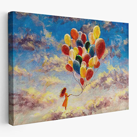 Bulutlaların Üzerindeki Renkli Balonları Tutan Kız Tablosu-6643