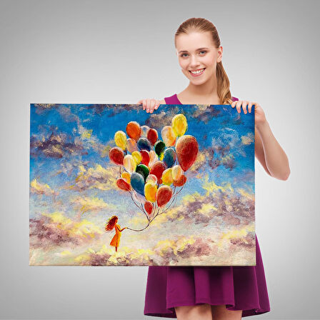 Bulutlaların Üzerindeki Renkli Balonları Tutan Kız Tablosu-6643