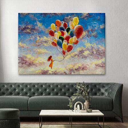 Bulutlaların Üzerindeki Renkli Balonları Tutan Kız Tablosu-6643