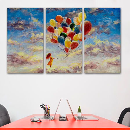 Bulutlaların Üzerindeki Renkli Balonları Tutan Kız Tablosu-6643