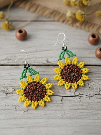 Handmade Kum Boncuk Ayçiçeği Küpe