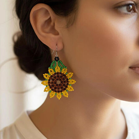 Handmade Kum Boncuk Ayçiçeği Küpe