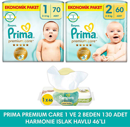 Prima Bebek Bezi Premium Care 1 Numara 70 Adet + Prima Bebek Bezi 2 Numara 60 Adet