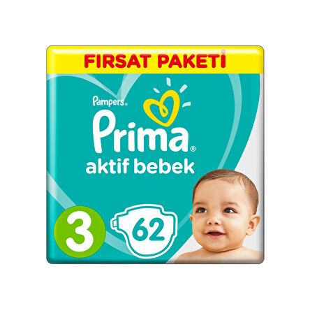 Prima Aktif Bebek 3 Beden Midi Bebek Bezi Fırsat Paketi 62 Adet