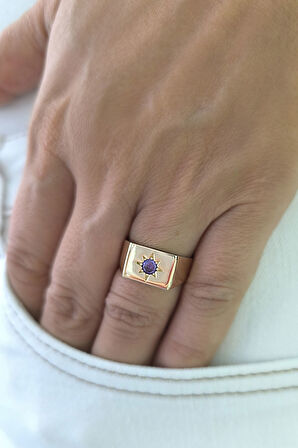 Ametist Taşlı Altın Kare Yüzük