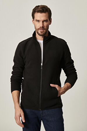 Erkek Siyah Anti-pilling Tüylenme Yapmayan Standart Fit Bato Yaka Sweatshirt Polar Ceket