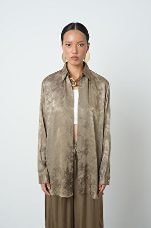 Kadın Haki Renk Desenli Oversize Kesim Tesettür Gömlek